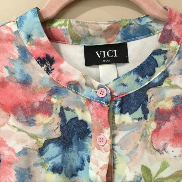 VICI Womens S Ruffle Mini Dress Multicolor Floral Chiffon Balloon Sleeve - Picture 5 of 8